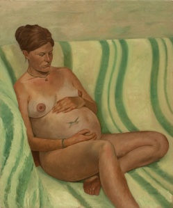 Painting nude seated pregnant woman